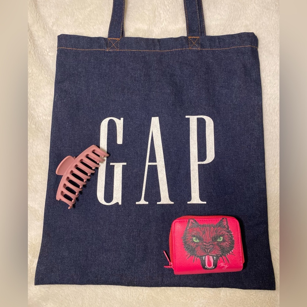 Hand Painted Black Cat Hot Pink Wallet & GAP Denim Tote Bag Set w pink hair clip